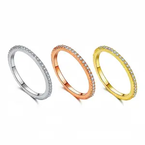 Minimalist Half Eternity CZ Stacking Ring, Gold Plated Thin Band CZ Ring, Trendy Everyday Jewelry for Bridesmaid Gift