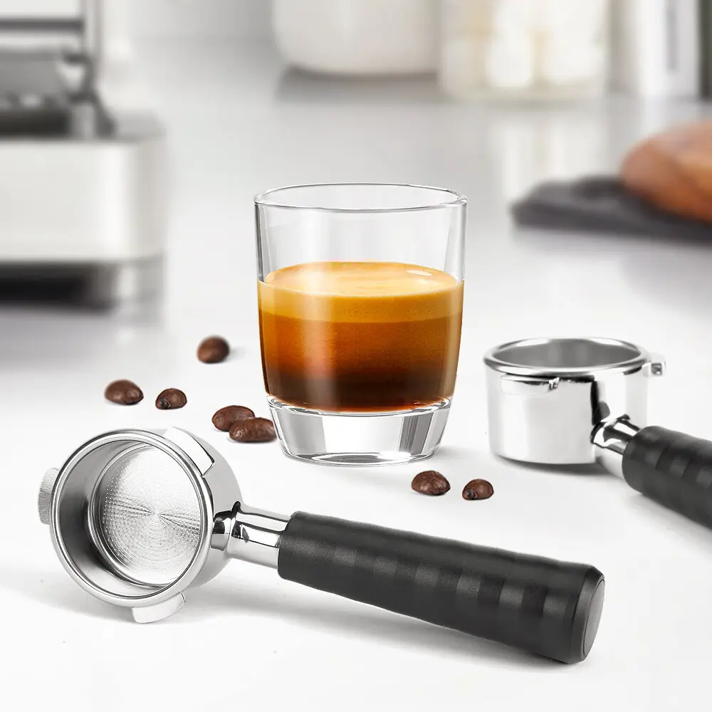 Coffee Bottomless Portafilter with Filter Basket and plastic Handle Replacement Compatible with Delonghi EC680 EC685 Coffee Machine Tool, Reusable Alloy Filter Coffee Extraction Accessories