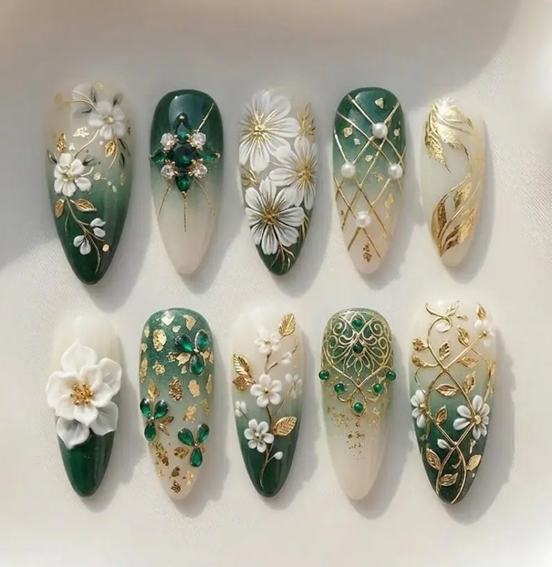 Emerald Green Ombre Press On Nails 3D White Flower And Gold Chrome Relief Floral
