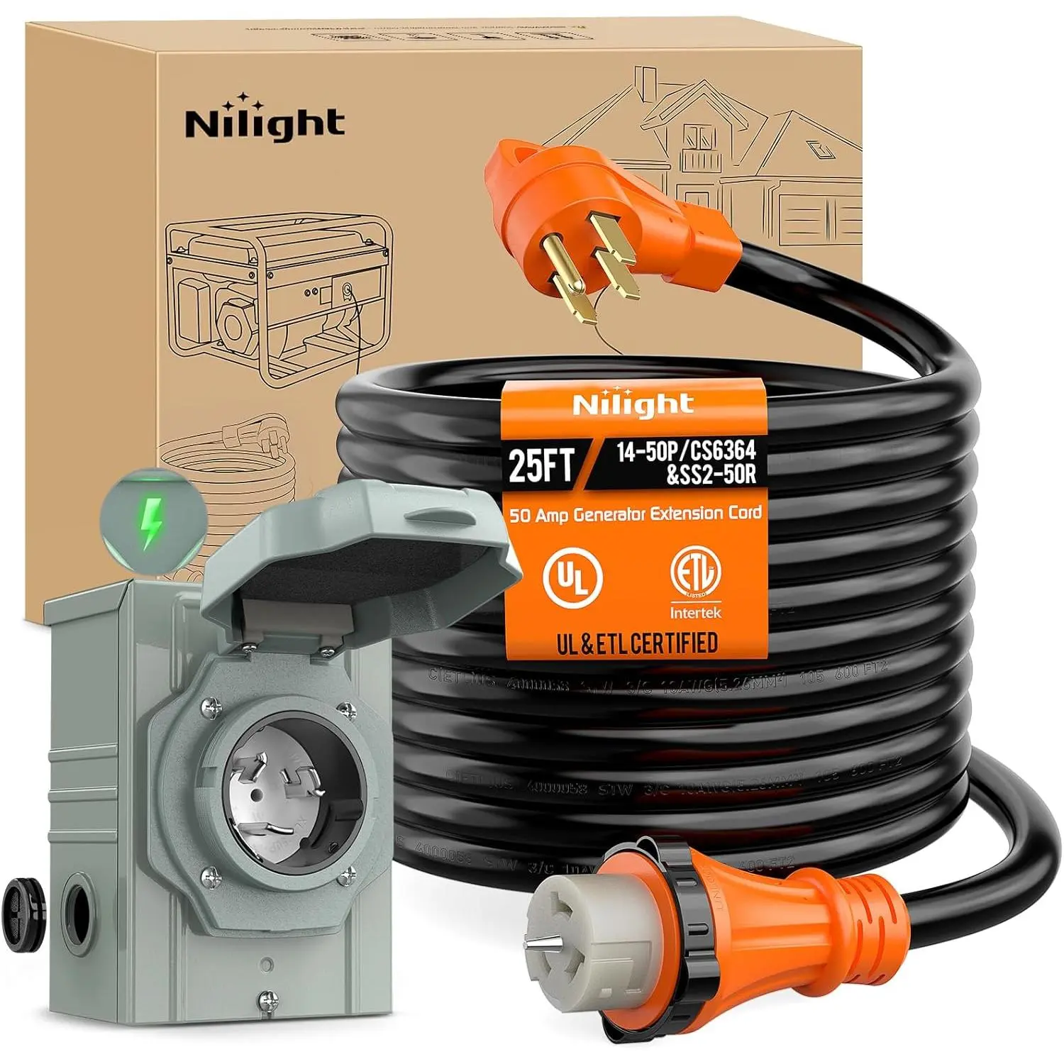 Nilight 50A 25FT Copper Generator Extension Cord & Power Inlet Box - 50Amp Generator Cord w/Inlet Box, 125/250V 12500W Heavy-Duty 6/3+8/1 Gauge PVC STW ETL Listed, NEMA 14-50P/SS2-50R Twist Lock, Flame Retardant Flexible Wire, RV Motorhome Ready