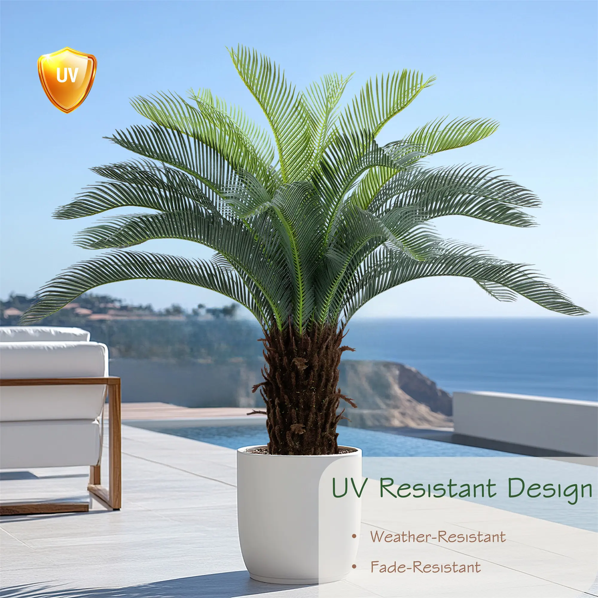 Bellacat UV-Resistant Faux Sago Palm Tree - Decorative Artificial Cycad with Lifelike Bark, Realistic Leaves, Sturdy Pot & Fade Resistance for Home, Office Decor, Artificial Outdoor Plants