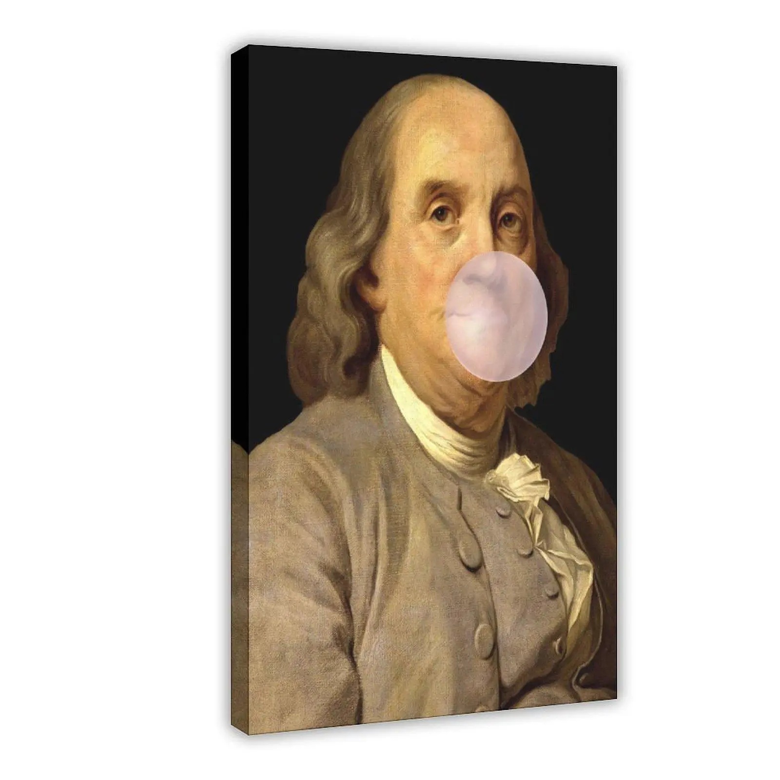 Benjamin Franklin Blowing Bubble Gum Funny Parody Canvas Poster, Vintage Altered Classic Portrait Art Print, Humorous Quirky Home Wall Decor