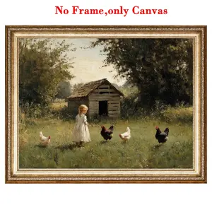 1 PC, Wall Art, Vintage Poster, Little Girl and Chick Country Farm Landscape Art Print, Summer Pastoral Farmhouse Canvas Painting, Unique and Creative Wall Aesthetic Decor, Perfect Decoration for Living Room and Bedroom, Frameless