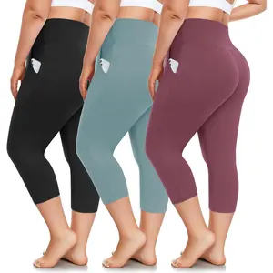 3 Pack Plu ize Capri Legging with Pocket for Women -High Wait tretchy 1X-4X Workout Pant