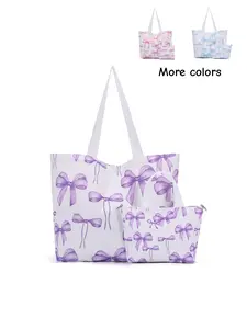 Women's Cute Bow Print Canvas Tote Bag Set, Daily Shopping Shoulder Bag, Valentine's Day Gift, Casual Fashion Accessory, Stylish Tote Bag