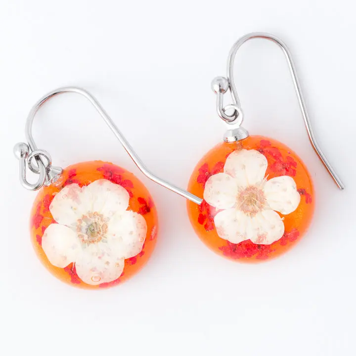Flower Earrings Mini Orb Earrings White-Orange