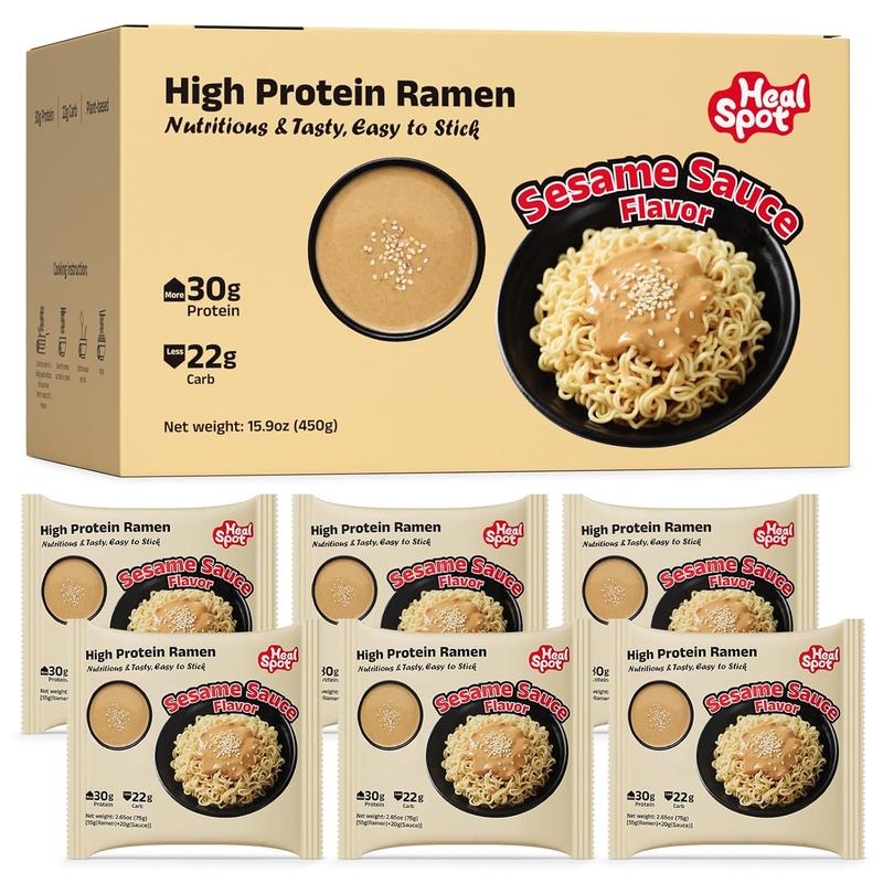 HealSpot High Protein Instant Ramen, 30g Plant Based Protein, Low Fat, Low Carb, Non GMO, Keto Friendly, Plant Based Dry Mixed Ramen, 6 Packs of Sesame Sauce Flavor