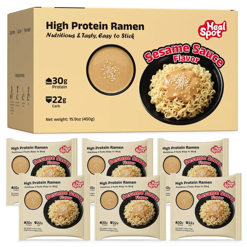 HealSpot High Protein Instant Ramen, 30g Plant Based Protein, Low Fat, Low Carb, Non GMO, Keto Friendly, Plant Based Dry Mixed Ramen, 6 Packs of Sesame Sauce Flavor
