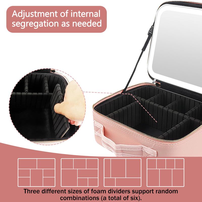 Travel Makeup Bag with Mirror & Light | Portable Cosmetic Organizer with Adjustable Dividers and Brush Storage