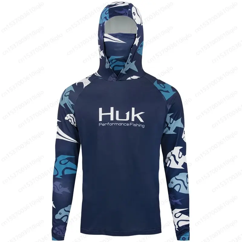 HUK UPF 50+ Long Sleeve Hooded Face Cover Fishing Shirts Quick Dry Sweatshirts Breathable UV Protection Men Fishing Jerseys