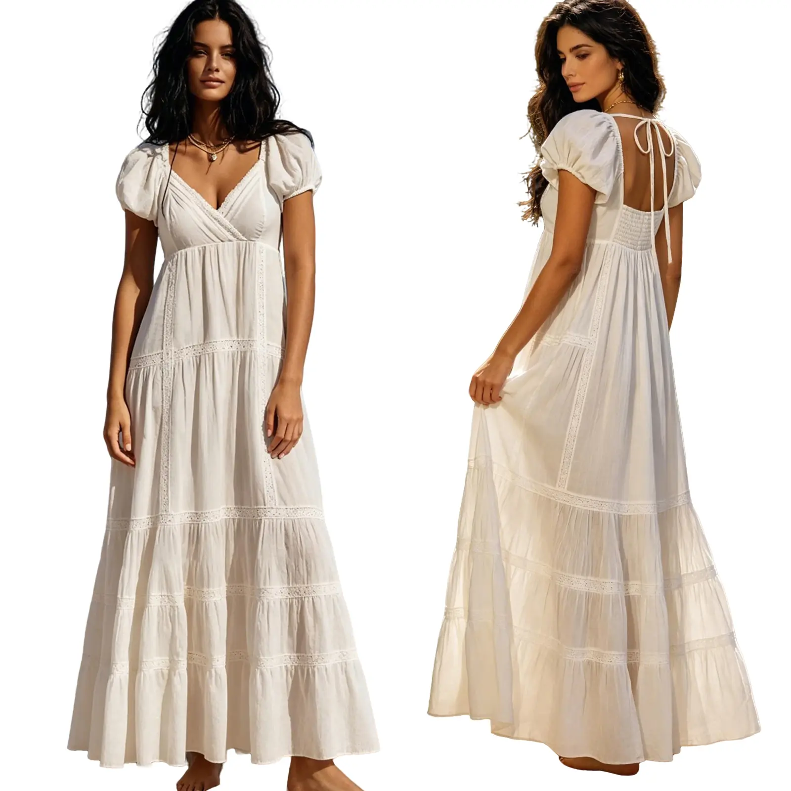 Women Boho Tiered Maxi Dress, V Neck Puff Short Sleeve Lace Insert Flowy Long Dress, Smocked Open Back Self Tie Backless Empire Waist A Line Flowy Tiered Sundress, Vintage Casual Beach Wedding Guest Vacation Bohemian Long Dress
