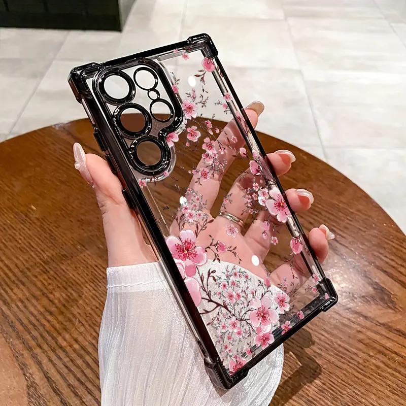 Pink Plum Blossom High quality protective phone cases, enhanced protection for the four corners of the phone, for SamSung for Galaxy S25/ S24/S23/S22and other series, transparent, shock absorbing, anti slip, lightweight Cover Protector