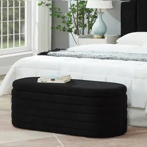 Modern Oval Storage Ottoman Bench Upholstered Boucle Teddy Fabric End of Bed Bench with Storage End of Bed Stool with Safety Hinge for Bedroom Living Room Entryway Black