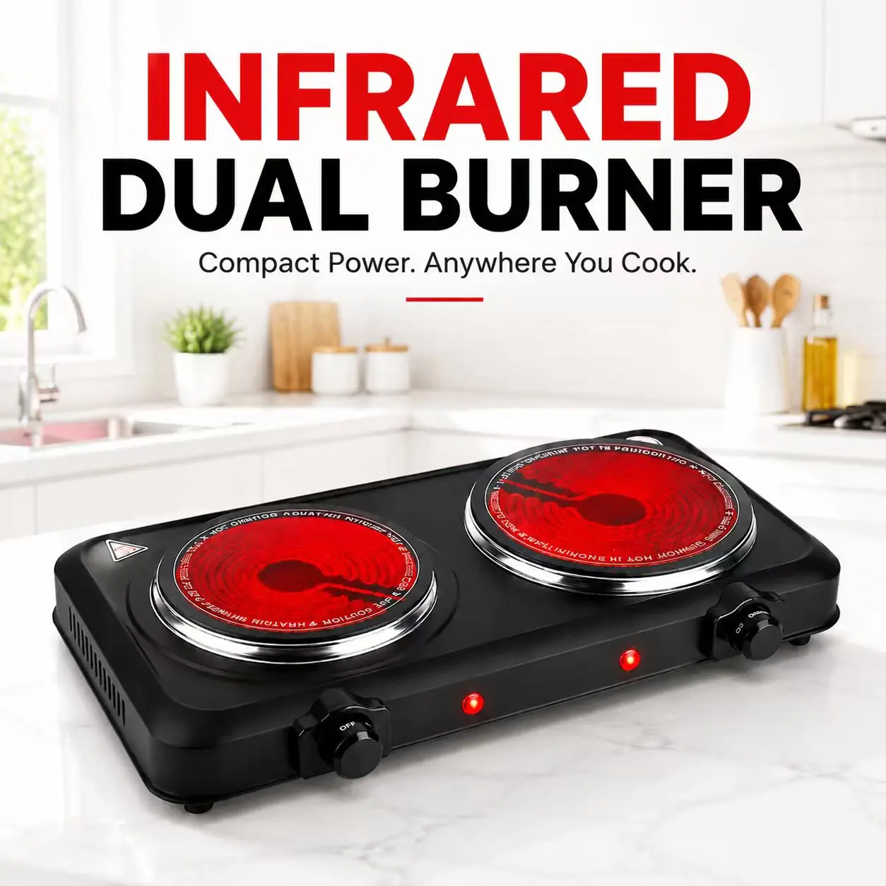 1800W Portable Dual Burner Cooker Stove - 110V/60Hz Infrared Camp Stove with 7.5in & 6.3in Tempered Glass Cooktop, Iron Shell, Stepless Temperature Adjustment for Dorms, RV Countertop Use - 5380