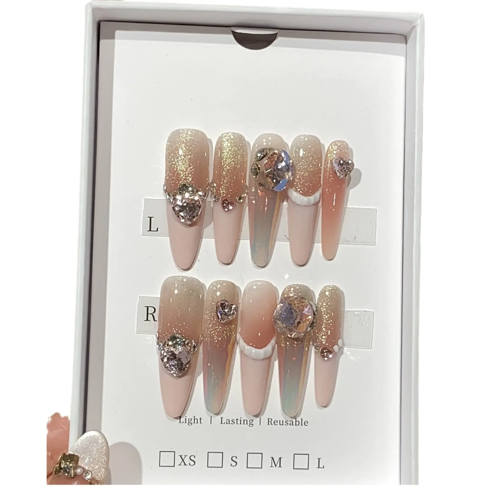 Reusable Press-On False Nails - Premium Acrylic Nail Tips with Beveled K9 Cubic Zirconia Chain, Gradient Halo Effect