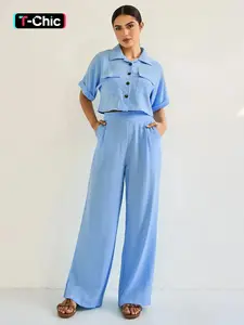 Women's Casual Loose-Fit Crop Top Set, Summer Woven Fabric, Moderate Thickness, Comfortable Fit, Perfect for Daily Wear, Casual Outfits Women, Casual Matching Sets