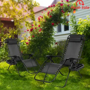 Set Of 2 Adjustable Zero Gravity Recliners With Cup Holder Patio Lawn Garden Beach Relaxing Chairs