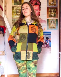 Patchwork Fall/Winter Jacket, Unisex Patch Sweatshirt,70s Hippie Hoodie, Vintage Fashion, Cotton Handmade Boho Jacket, Zippered Duster, Block Print Jacket with Pockets