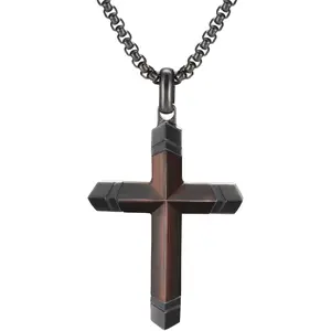 Mens Wooden Cross Stainless Steel Necklace