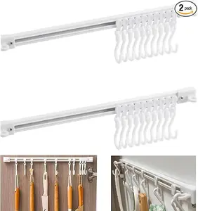 Hooks & Rails - 2Pcs Multifunctional Slide Rail Hook, Adhesive Wall Hooks Rack Kitchen Rail, Space Saving Utensil Rack with 10 Hooks No Drilling Hanger for Bathroom Kitchen Bedroom Office