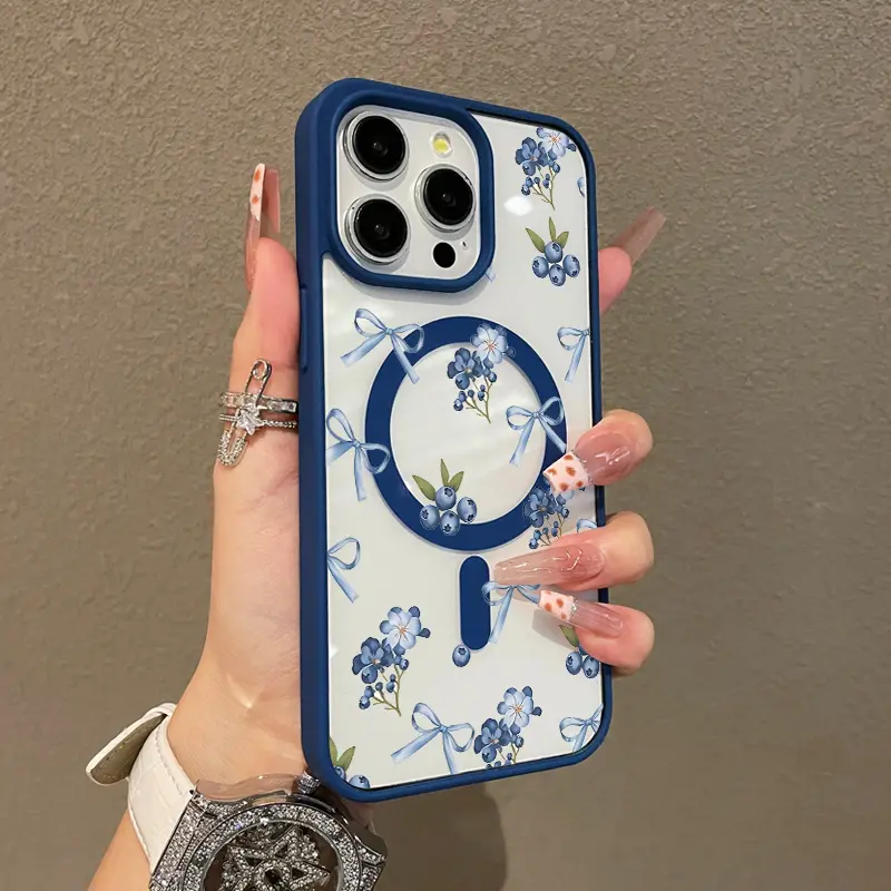 Magnetic Smartphone Case for iPhone 11/12/13/14/15/16 Pro Max, Blueberry Bow MagSafe Ready, Ultra-Thin Shockproof Handheld Cellphone Protection for Girls’ Devices, Casing