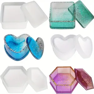 3 Sets (6 Pieces) Silicone Molds, Heart Shape, Hexagon Shape, Square Shape, Resin Storage Box Mold, Jewelry Storage Mold, Craft Supplies