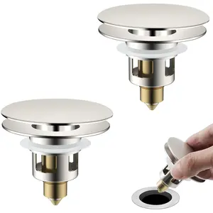 Universal 2 count Bathroom Sink Stopper 2 in 1 Pop Up Metal Sink Drain Strainer with Hair Catcher, Fit for 1.1~2.36" Sink Basin Hole, Not for Bathtub, Big Cover Cap, Anti-clog, Brushed Nickel