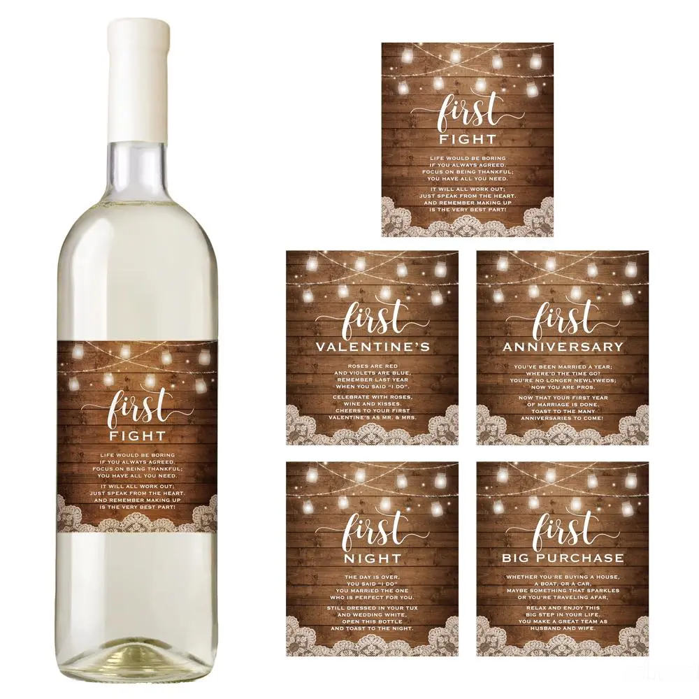 Marriage Milestones Wedding Gift – Waterproof Wine Bottle Labels for the Bride–to–Be, Rustic Barn (Set of 6)