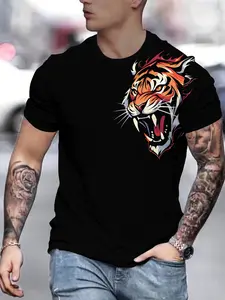 Latest Men's Wild Tiger 3D Printed T-Shirt, Casual Round Neck, Short Sleeve, Lightweight Polyester, Fashion Design, Streetwear