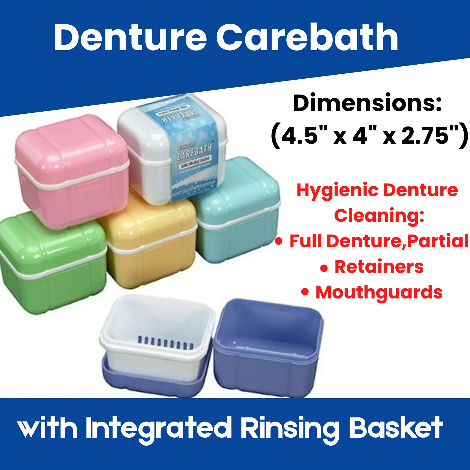 Professional Denture Care Bath with Integrated Rinsing Basket- Assorted Colors