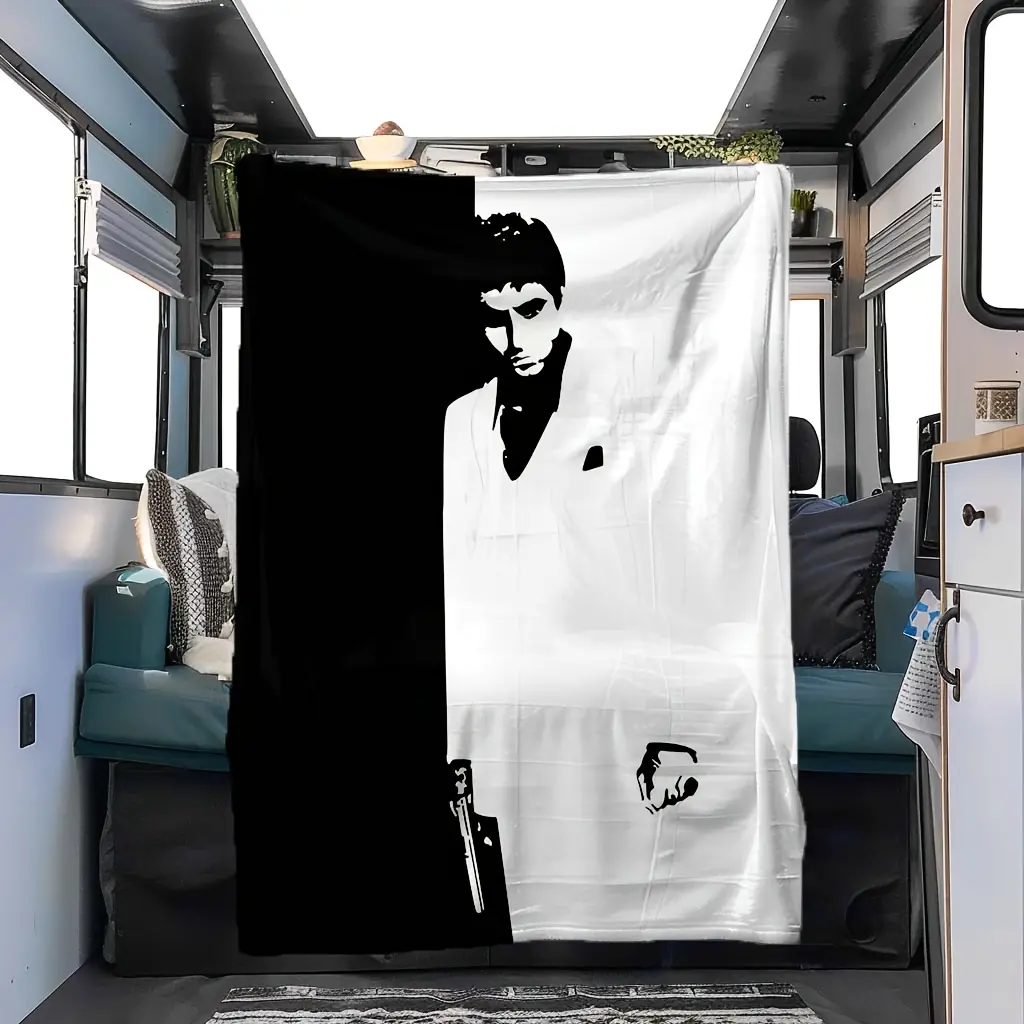 "Scarface Man" Inspired Breathable Durable Polyester Flannel Blanket - Black and White Design, All-Seasons Use, Suitable for Vehicles (RV, Car Interiors), Flannel Blankets