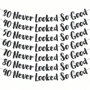 1Set,30/40/50/60/70/80/90 Gold DIY String Glitter Banner - Golden Milestone Glitter Banner, Anniversary & Birthday Party Decorations, Milestone Celebrations