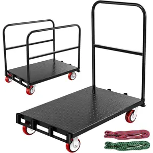 2 in 1 Steel Drywall Cart, 37" x 24" Panel Lumber Cart Heavy Duty, Platform Truck Cart with 2200lbs Capacity and 4 Swivel Casters(2 with Brakes), Flatbed Cart with 3 Handrails, 2 Straps Included portable utility dolly