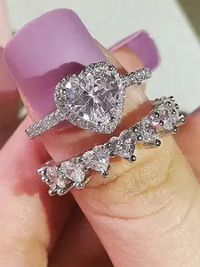 Elegant Heart Shaped Artificial Zircon Ring Set, Wedding Ring Set, Rhinestone Ring Set, Fashion Glittering Engagement Rings for Women, Trendy All-match & Exquisite Jewelry for Birthday Gift, Gifts for Wife, Heart Cluster Ring, Cubic Zirconia Rings