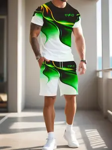 Men's Cool Summer Set, Creative 3D Gradient Print T-Shirt, Fashionable Comfort Round Neck Short Sleeve & Shorts