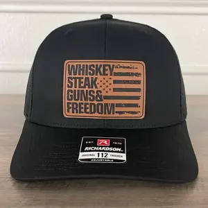 WHISKEY STEAK GUNS & FREEDOM Flag Leather Patch Hat Black