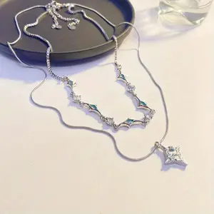 Men's Stainless Steel Double-Chain Edgy Necklace - Summer Fashion, Blue Oil Drop Synthetic Zirconia, Double-Layer Pentagram Pendant, Unisex Party Costume Jewelry Accessory, Double Chain Necklaces, Edgy Necklaces