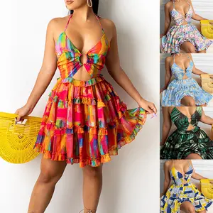 Women's Floral Print Cut Out Frill rimHalter Tie Back A Line Dress, CasualBackless Short Dress for HolidayVacation, Dress in Club, Capri SunDress, Dresses for Women, LadySummer Clothes, Black Girl Qutfits,Birthday Dresses 2024 Sleeveless