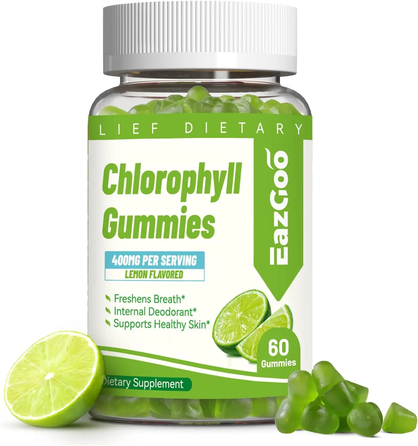 Chlorophyll Gummies for Body Odor Deodorant, Sugar Free Chewable Chlorophyll for Immune Support Women Vegan 60 Count (Lemon)