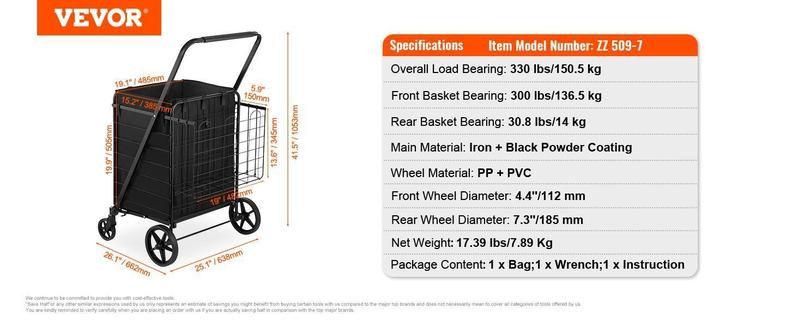 VEVOR Folding Shopping Cart with Removable Waterproof Liner, Max 330LBS Large Capacity Jumbo Grocery Cart with Dual Basket, 360° Swivel Wheels, Dense Metal Mesh Base, Heavy Duty Utility Cart