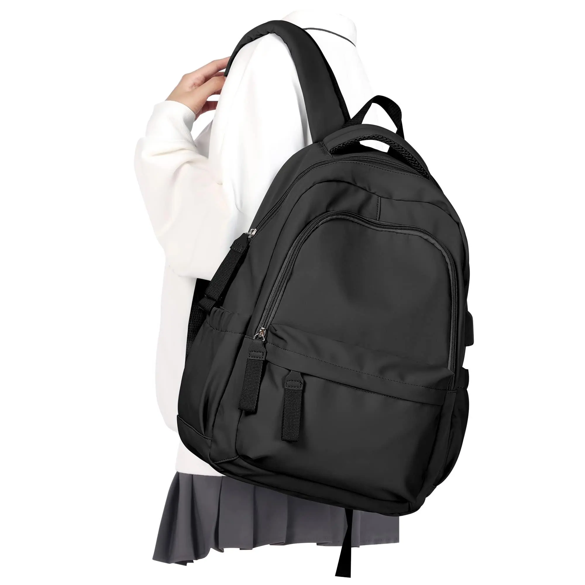 Small Backpack For School Aesthetic Lightweight Travel Daypack Simple Cute Women Men College High Bookbag Fit 14 Inch Laptop With Usb Charging Port Black
