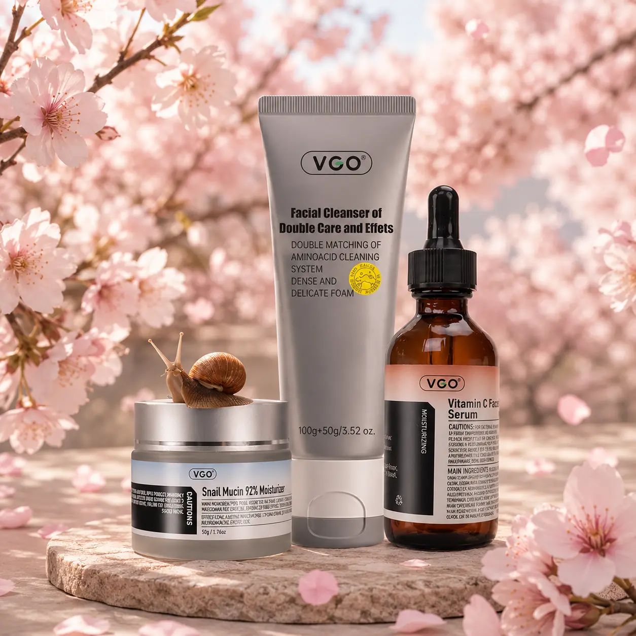 VGO 3-Step Gentle Facial Skincare Set to Hydrate & Smooth Skin, with Vitamin C Serum, Foam Cleanser & Lightweight Moisturizer, Moisture, Evening