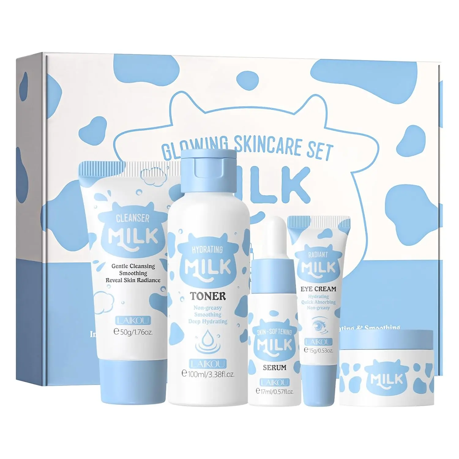 Hydrating Milk Skin Care Set, 5-Piece Travel-Size Kit for Women for a Radiant Skin Glow Up - Complete Morning Routine Beauty Gift for Christmas, Eyes, Self Care Products, Mini Gift Sets, Female, Mother’s Day, Brightening, Teens, Moms, Self Care Bundle Box
