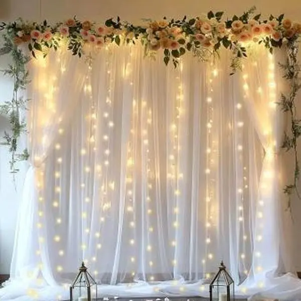 1set 9.84ft x 7.05ft Champagne Sky Blue Pink White Green Purple Sheer Backdrop Curtains with Lights for Baby Shower Wedding Bridal Shower Happy Birthday Party Decor Photobooth Props Holiday Festival Decor Home Decorative Hanging Ornaments