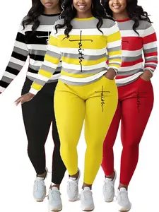 Plus Size Women's Comfy Athletic Loungewear Set - Striped Letter Print Long Sleeve Crew Neck T-Shirt & Pants, Stretchy Machine Washable