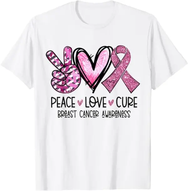 Peace Love Cure Pink Ribbon Cancer Breast Awareness T-Shirt