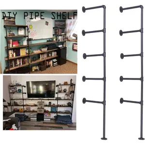 Industrial Wall Mount Iron Pipe Shelf Bracket,Vintage Retro Black DIY Open Bookshelf, Storage Shelves, Ceiling hung Shelves for Home Kitchen Office(2PcsX5Tier,70" Tall,12"deep,Hardware Only)