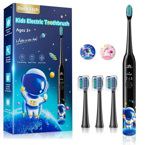 Dada-Tech Kids Rechargeable Sonic Electric Toothbrush Set for Children (Ages 3-6, 7-18), Waterproof, 3 Modes, 4 Nylon Vibrating Heads (90%+ Round Bristles), Timer, 31000VPM Power, Better Coverage, Habit-Forming Stickers, 2-Year Lifespan