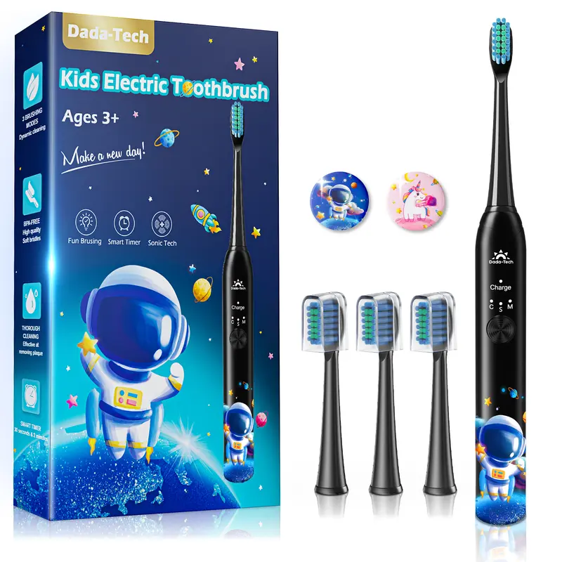 Dada-Tech Kids Rechargeable Sonic Electric Toothbrush Set for Children (Ages 3-6, 7-18), Waterproof, 3 Modes, 4 Nylon Vibrating Heads (90%+ Round Bristles), Timer, 31000VPM Power, Better Coverage, Habit-Forming Stickers, 2-Year Lifespan