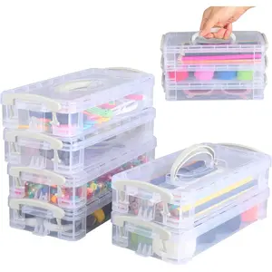 6 Pack Pencil Box, Stackable Transparent Pens Storage with Snap Lock and Handle, 22 x 10 x 4 cm Pen Organiser, Pencil Box Organiser for Small Parts, Watercolour Pencils, Brushes, Colouring Pens